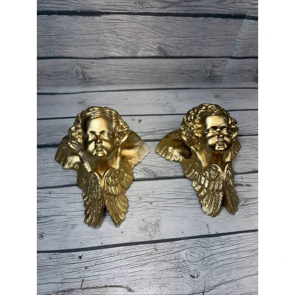 2 Vintage Hard Plaster Cherub Drapery Curtain Rod Wall Sconce Swag Holders